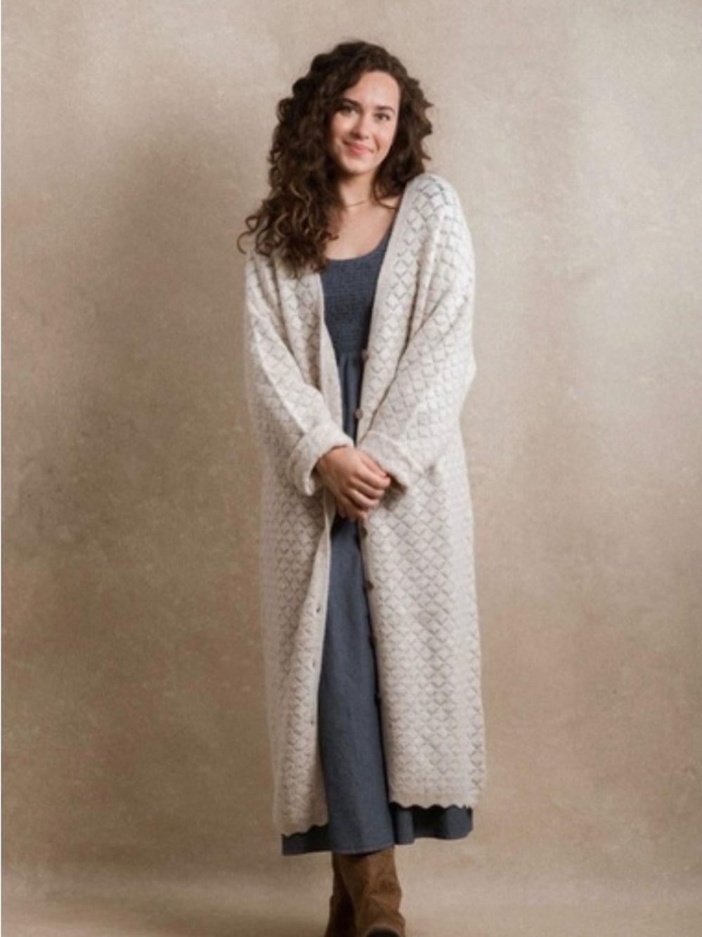 Neuflora Candice Diamond‑Stitch Button Front Cardigan Sweater - Cream